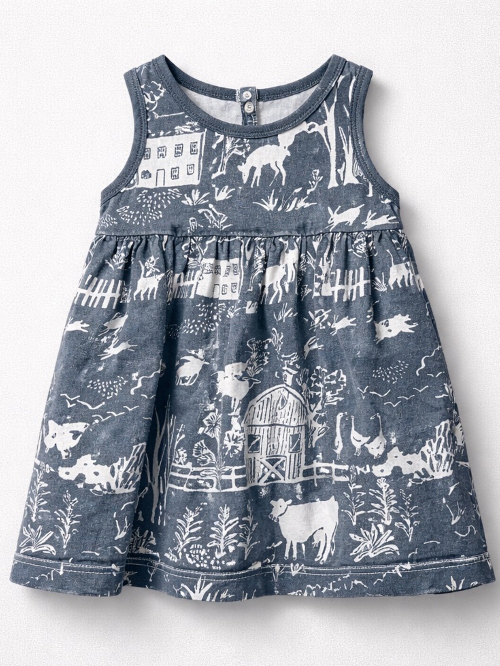 Winter Water Factory steel blue grey farm woodland print dress